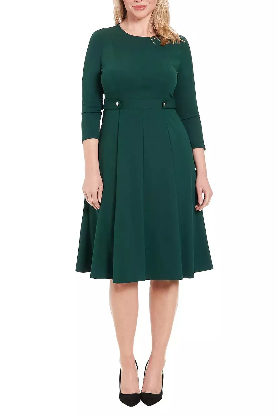 London Times 3/4 Sleeve Seamed Side Tab Fit & Flare Midi Dress