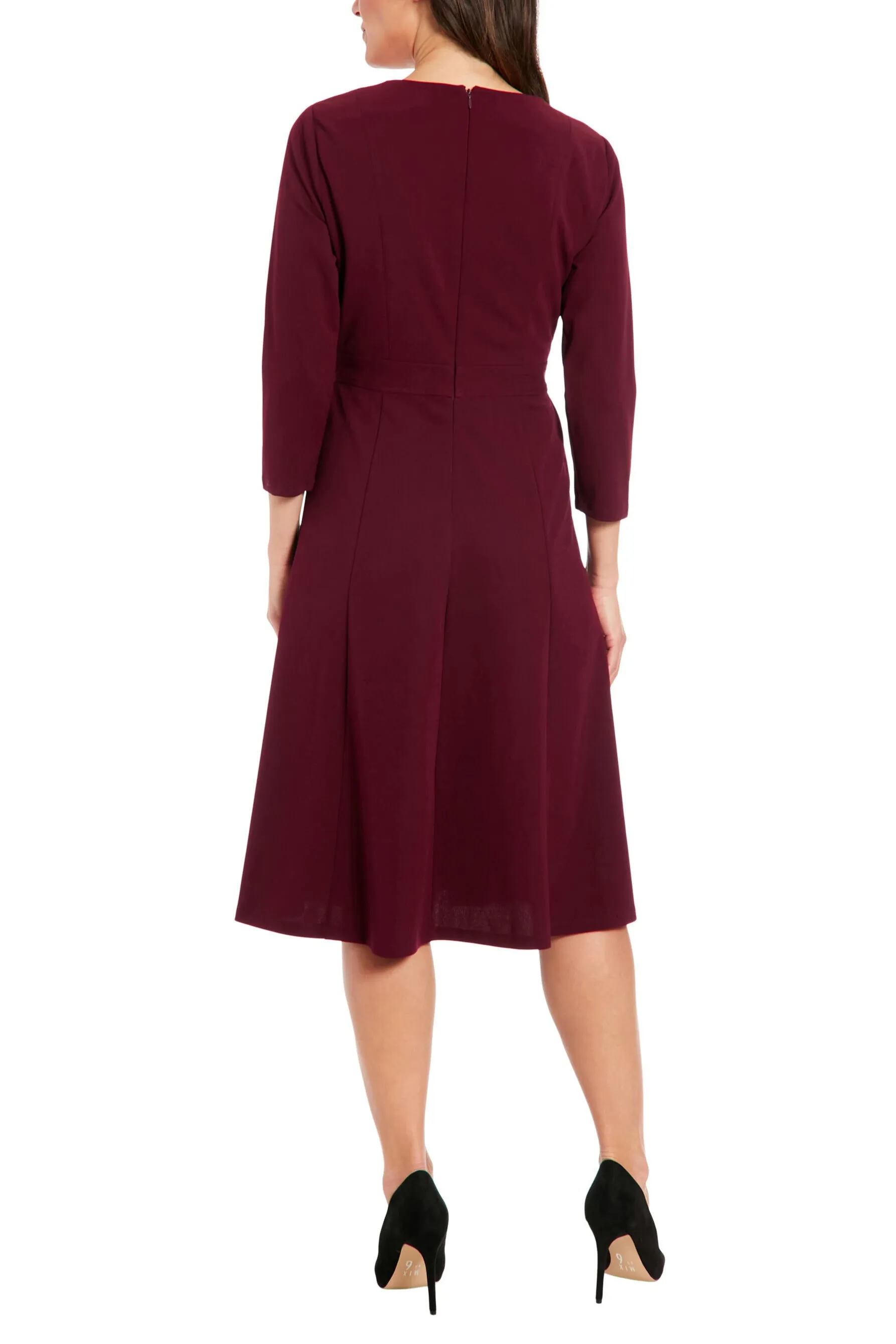 London Times 3/4 Sleeve Seamed Side Tab Fit & Flare Midi Dress