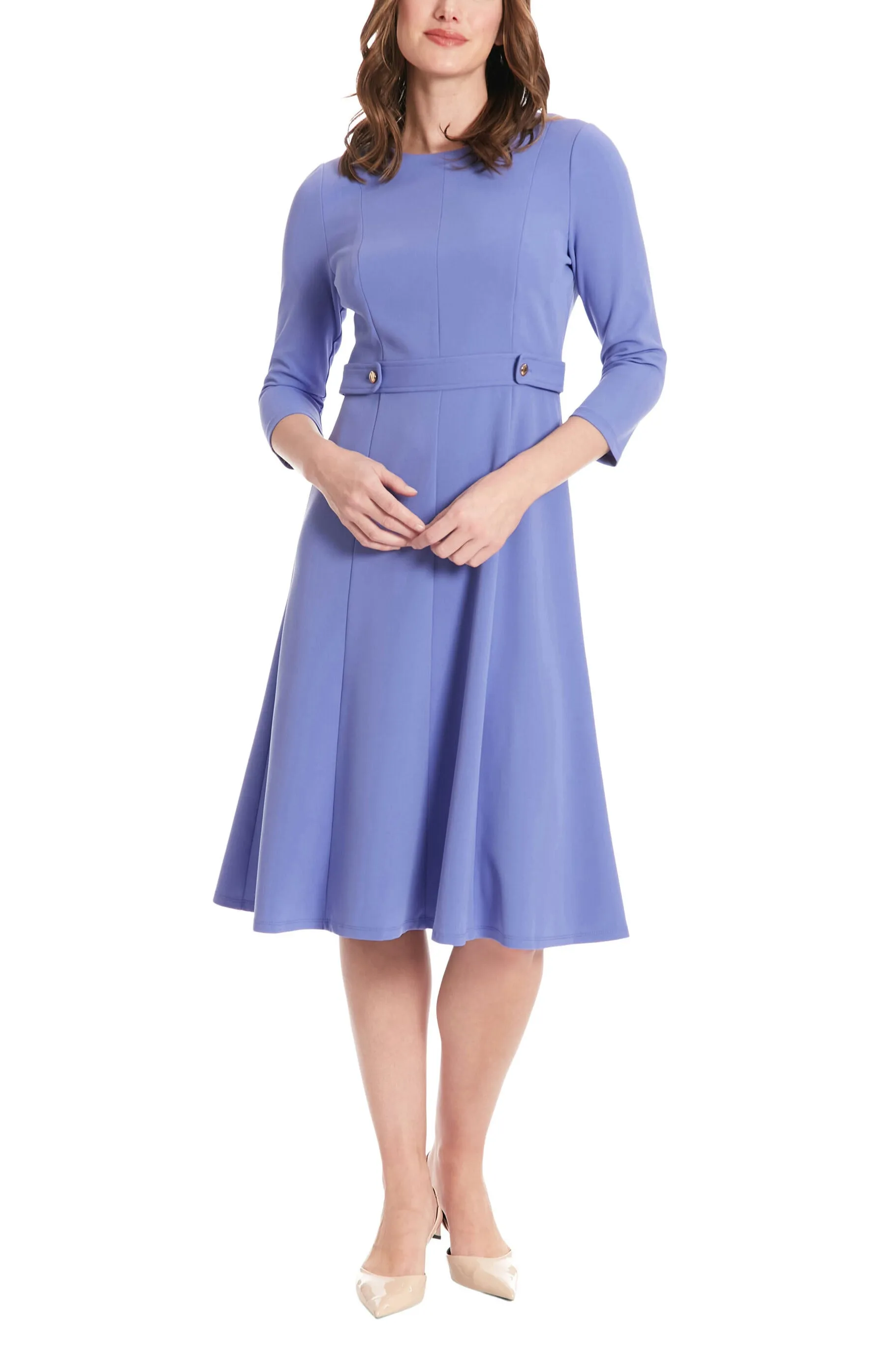 London Times 3/4 Sleeve Seamed Side Tab Fit & Flare Midi Dress