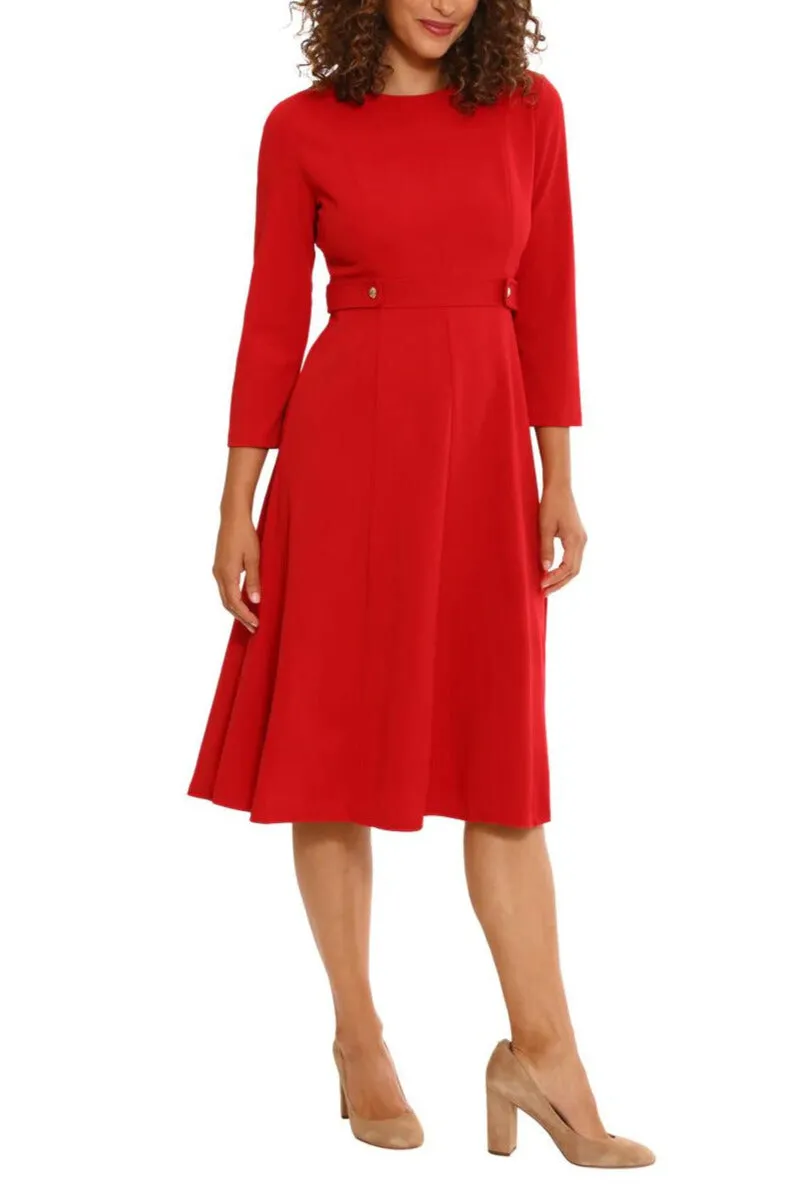 London Times 3/4 Sleeve Seamed Side Tab Fit & Flare Midi Dress