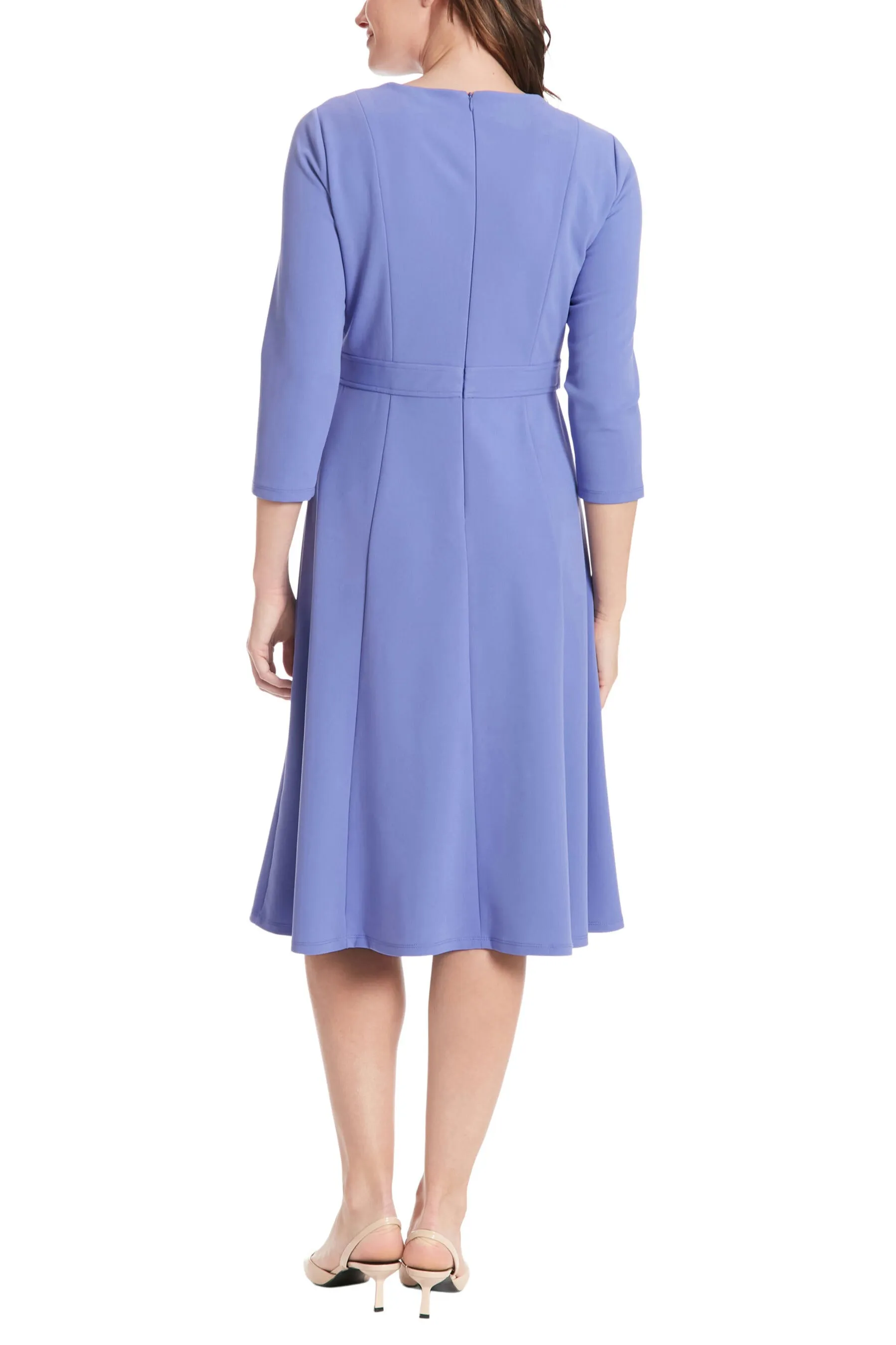 London Times 3/4 Sleeve Seamed Side Tab Fit & Flare Midi Dress