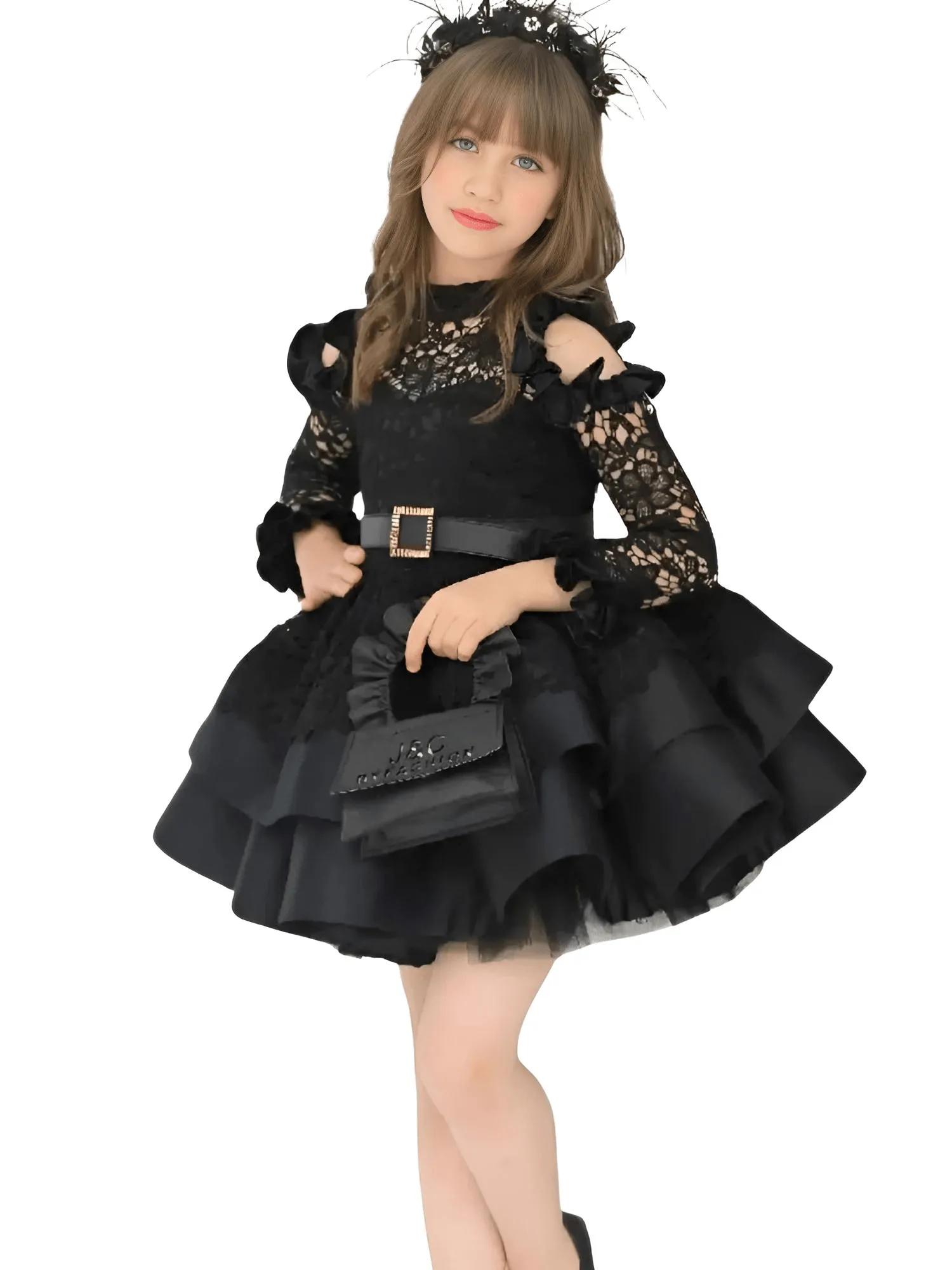 Princess High Neck With Illusion Sleeve Fluffy Skirt Girl's Lace Ball Gown Formal Party