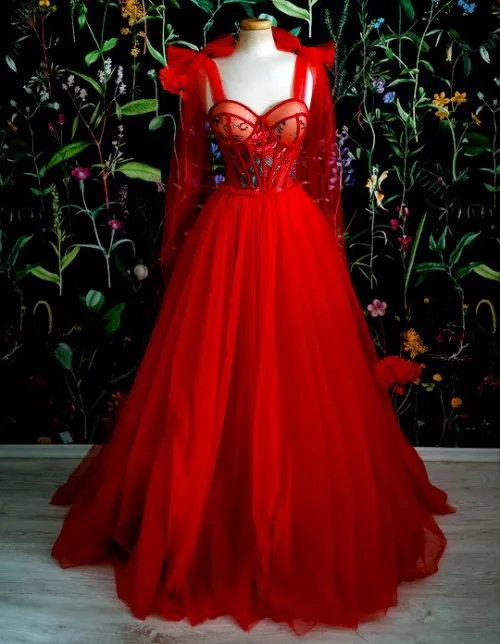 Red Prom Dress Tulle Evening Gowns    S2119