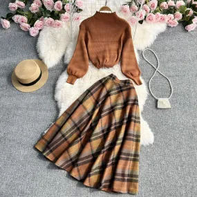 Ribbed Women Tops & Plaid Skirt Set