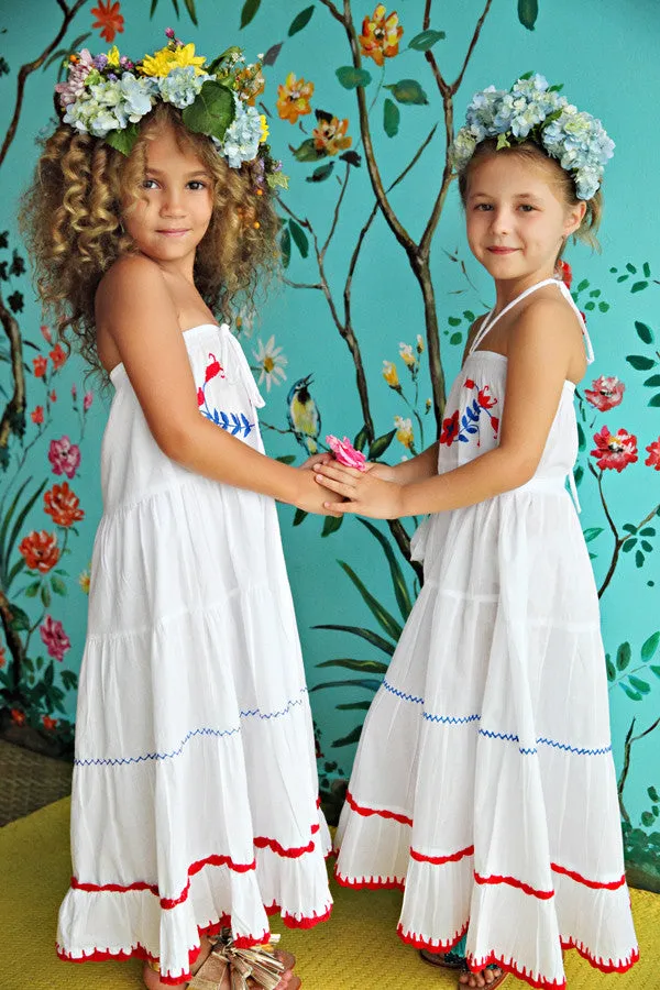 rose dress white with blue and red hand stitch