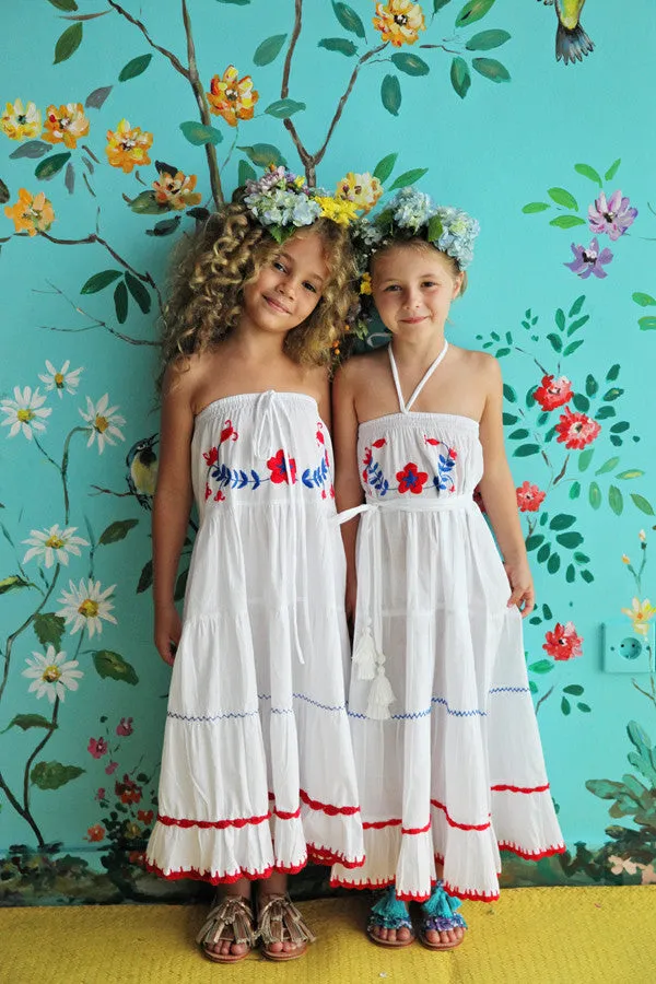 rose dress white with blue and red hand stitch