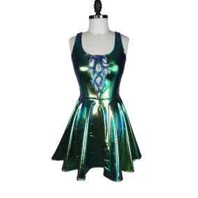 SALE - Lace-Up Holographic Oil Slick Skater fit n flare Dress