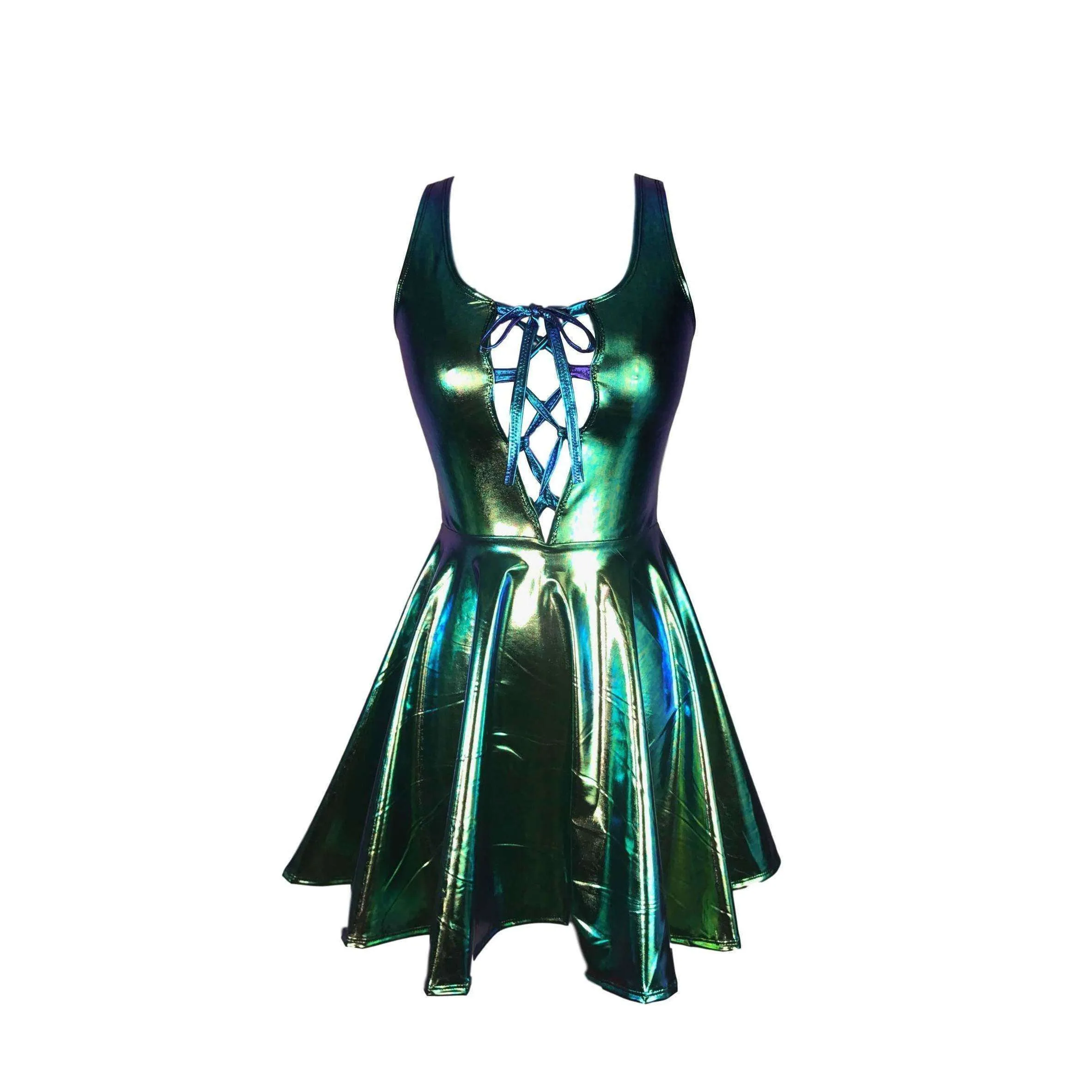 SALE - Lace-Up Holographic Oil Slick Skater fit n flare Dress