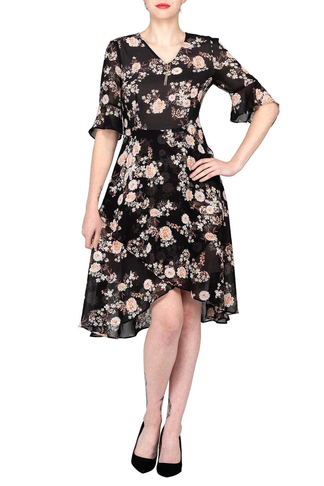 SCANDINAVIA-Ruffle Sleeve V-Neck Floral High Low Dress