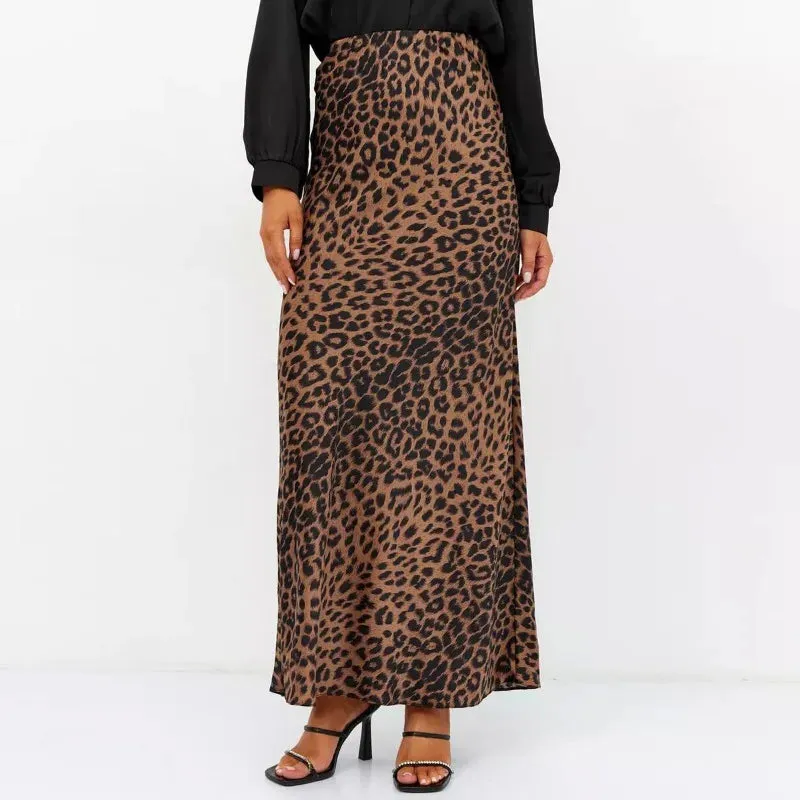 Sexy Vintage Fashion Leopard Print Satin A-Line High Waist Maxi Skirt