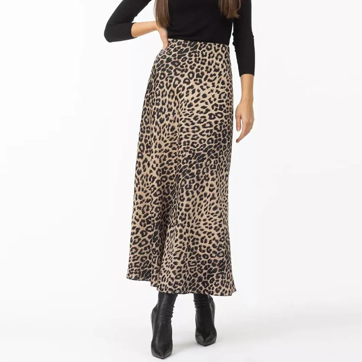 Sexy Vintage Fashion Leopard Print Satin A-Line High Waist Maxi Skirt