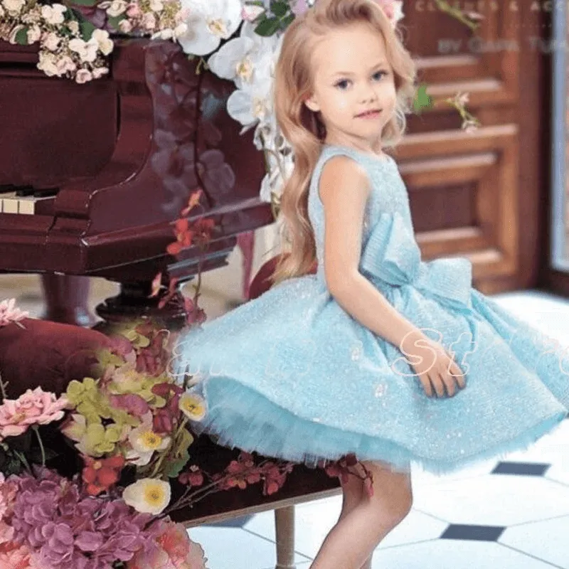 Sky Blue Flower Girl Dress - Tiered Glitter Sleeveless Wedding & Party Gown, Summer Communion