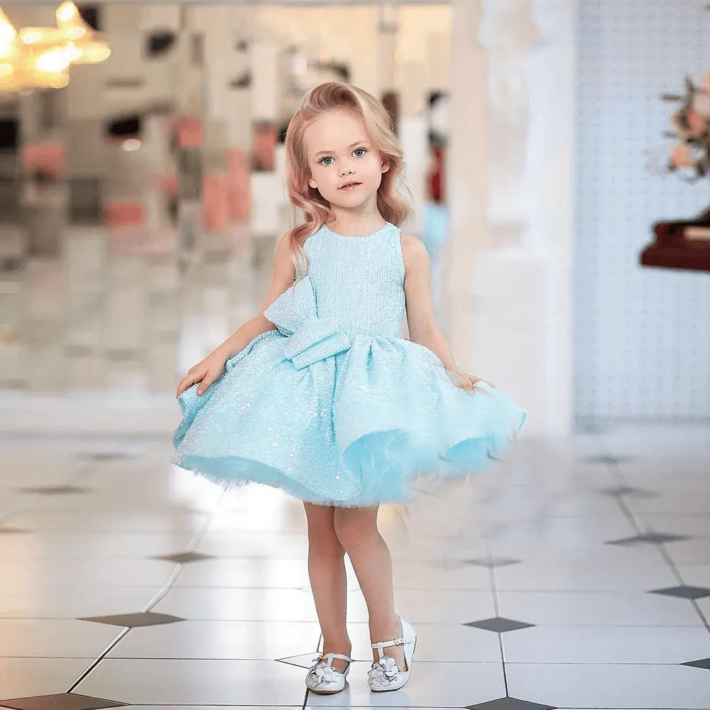 Sky Blue Flower Girl Dress - Tiered Glitter Sleeveless Wedding & Party Gown, Summer Communion