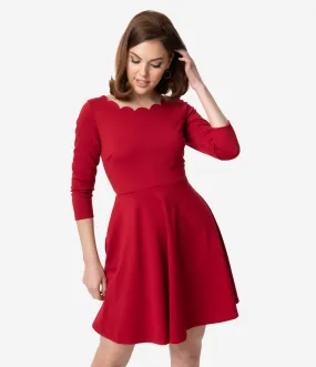 Smak Parlour Berry Red Three-Quarter Sleeve Charmed Fit & Flare Dress