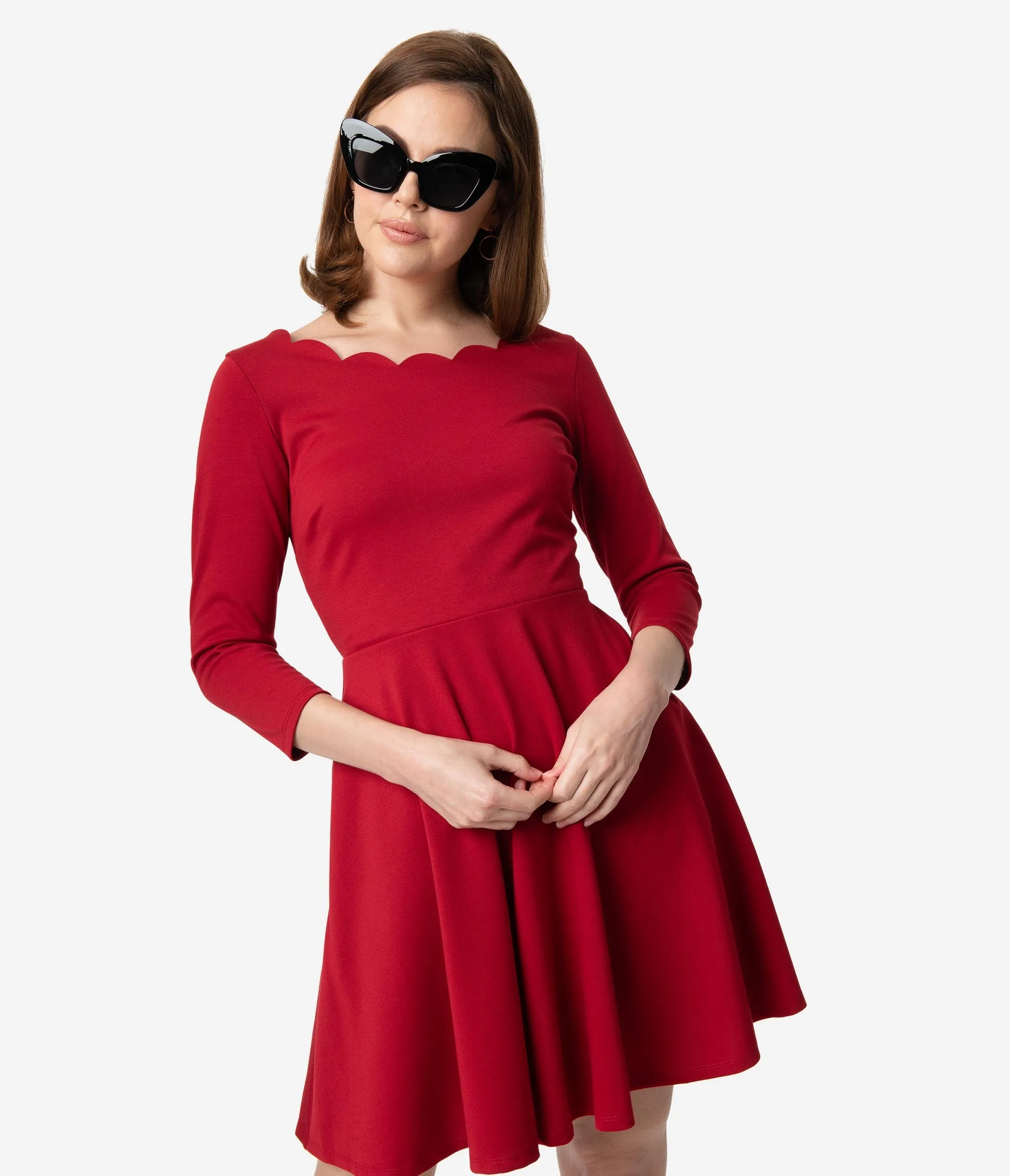 Smak Parlour Berry Red Three-Quarter Sleeve Charmed Fit & Flare Dress