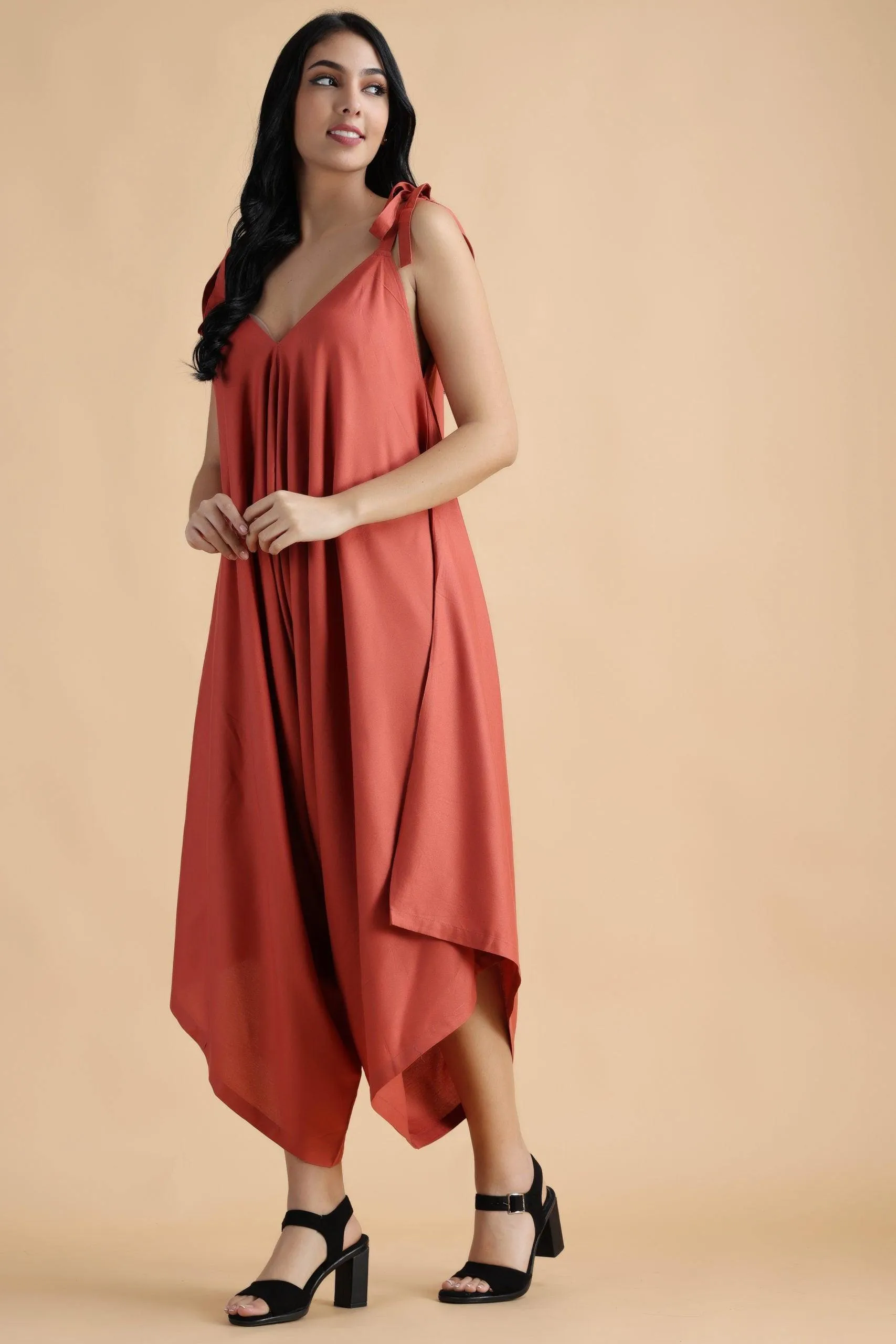 Solid Dhoti Style Loose Jumpsuit with Shoulder Tie