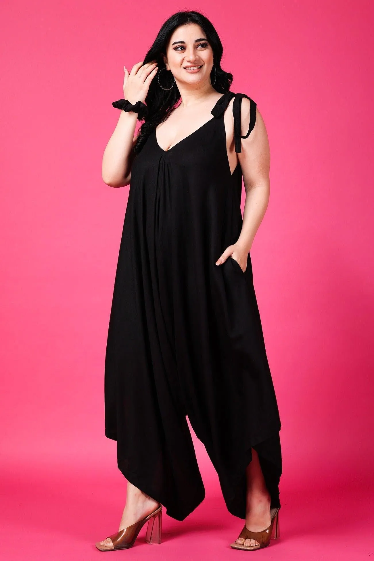 Solid Dhoti Style Loose Jumpsuit with Shoulder Tie