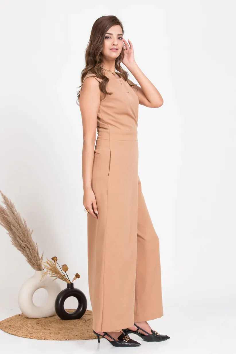 Solid Women's Tan Brown Over Lap Jumpsuit