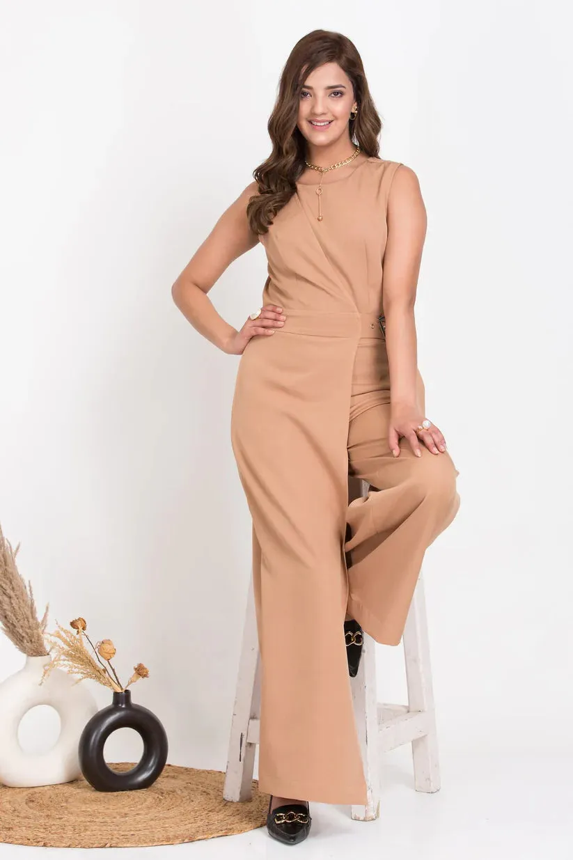 Solid Women's Tan Brown Over Lap Jumpsuit