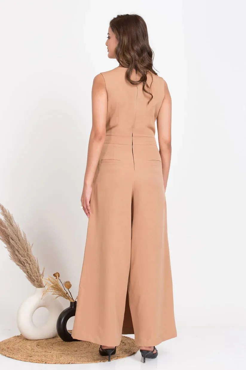 Solid Women's Tan Brown Over Lap Jumpsuit