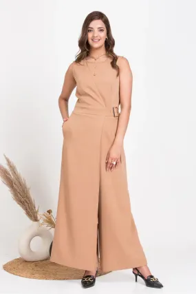 Solid Women's Tan Brown Over Lap Jumpsuit