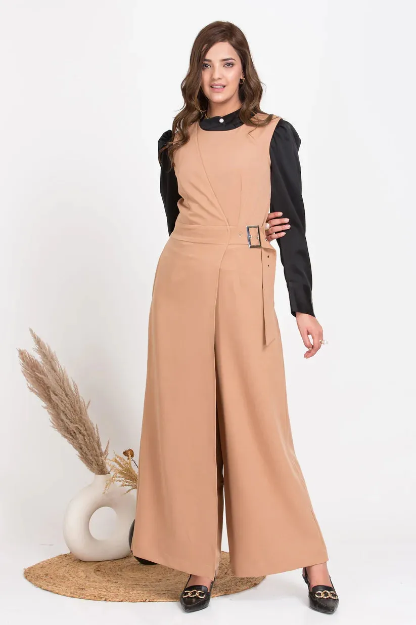 Solid Women's Tan Brown Over Lap Jumpsuit