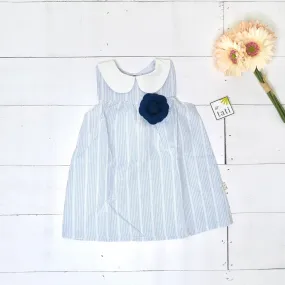 Tea Rose Dress in Linen Blue Stripes