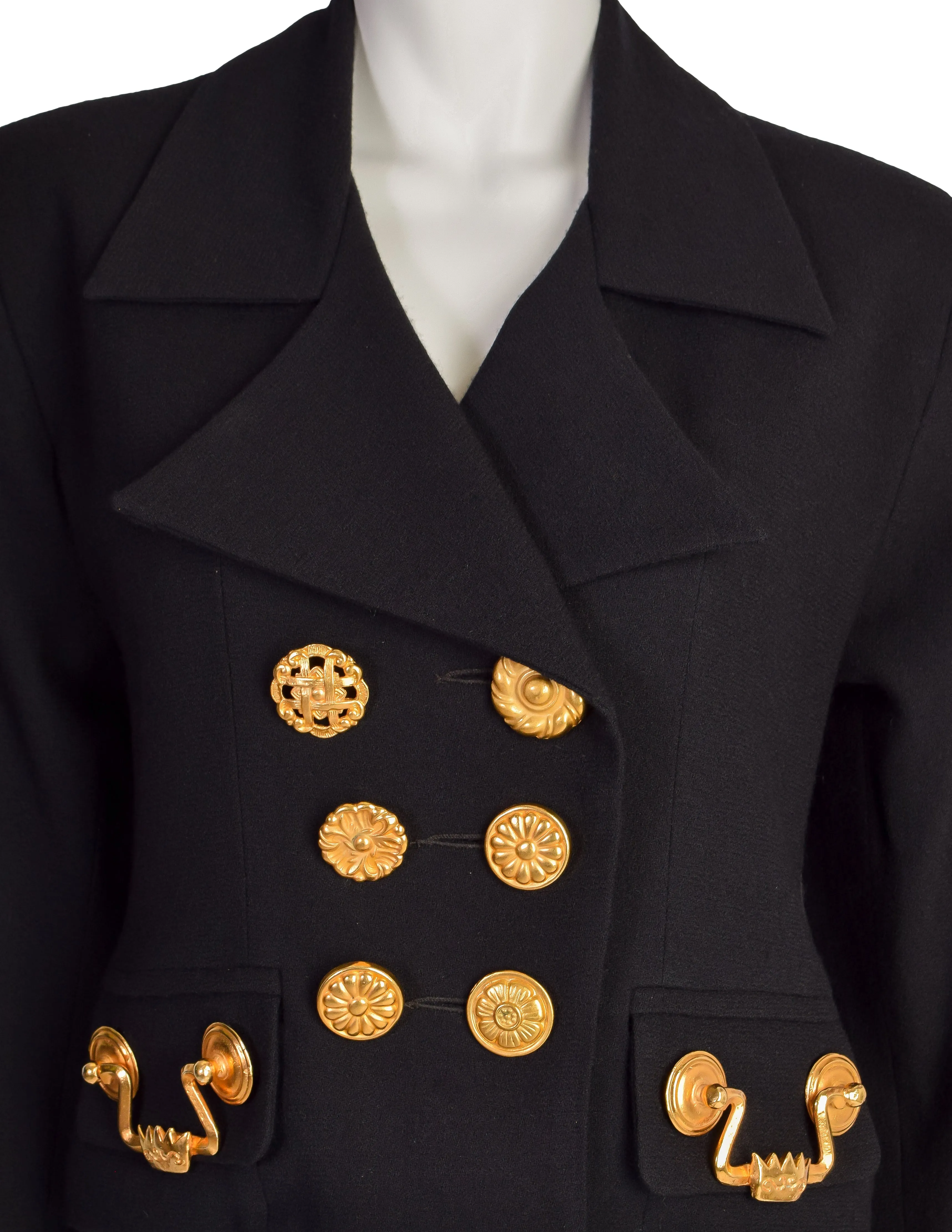 Todd Oldham Vintage 1992 Black Wool Gold Drawer Pull Hardware Blazer Jacket