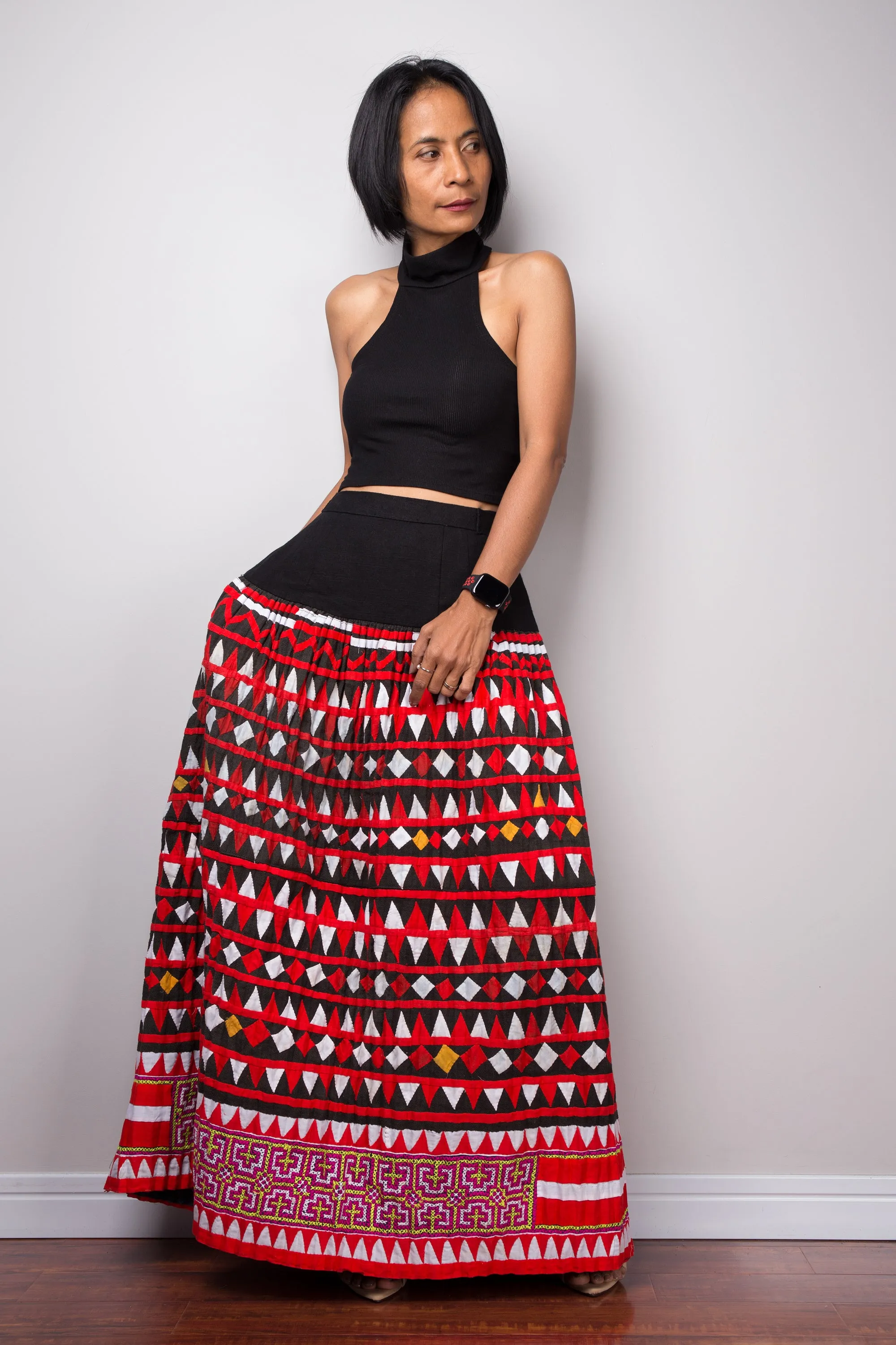 Tribal maxi skirt | Up-cycled vintage Hmong fabric skirt