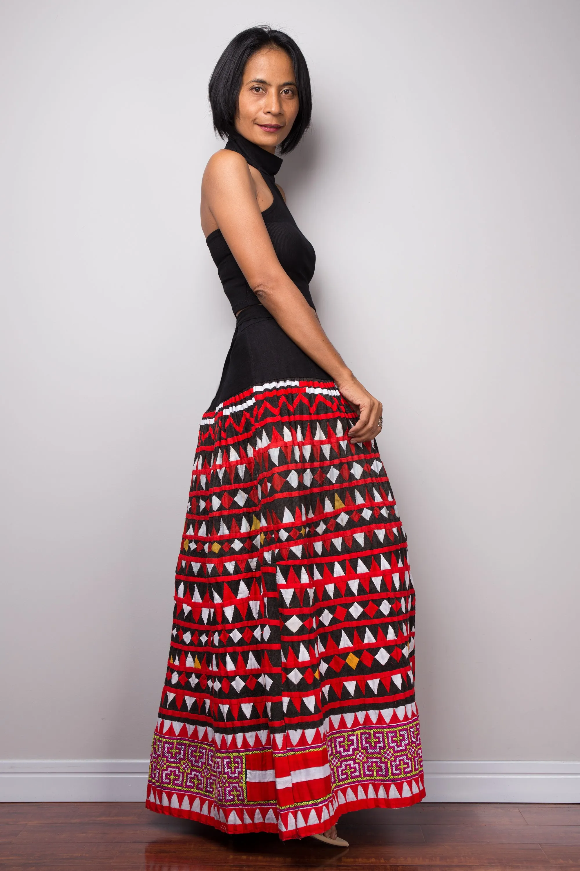 Tribal maxi skirt | Up-cycled vintage Hmong fabric skirt