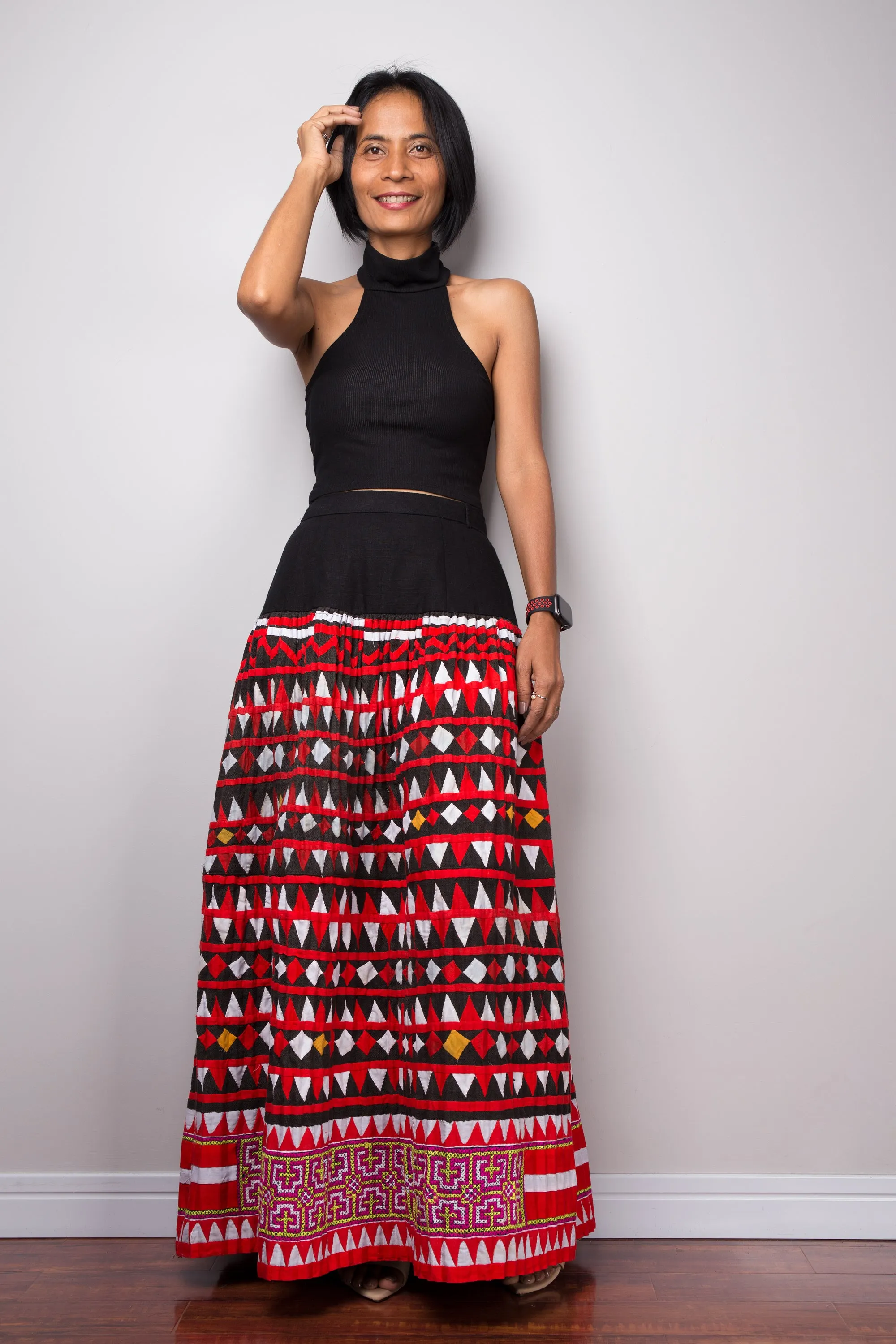 Tribal maxi skirt | Up-cycled vintage Hmong fabric skirt