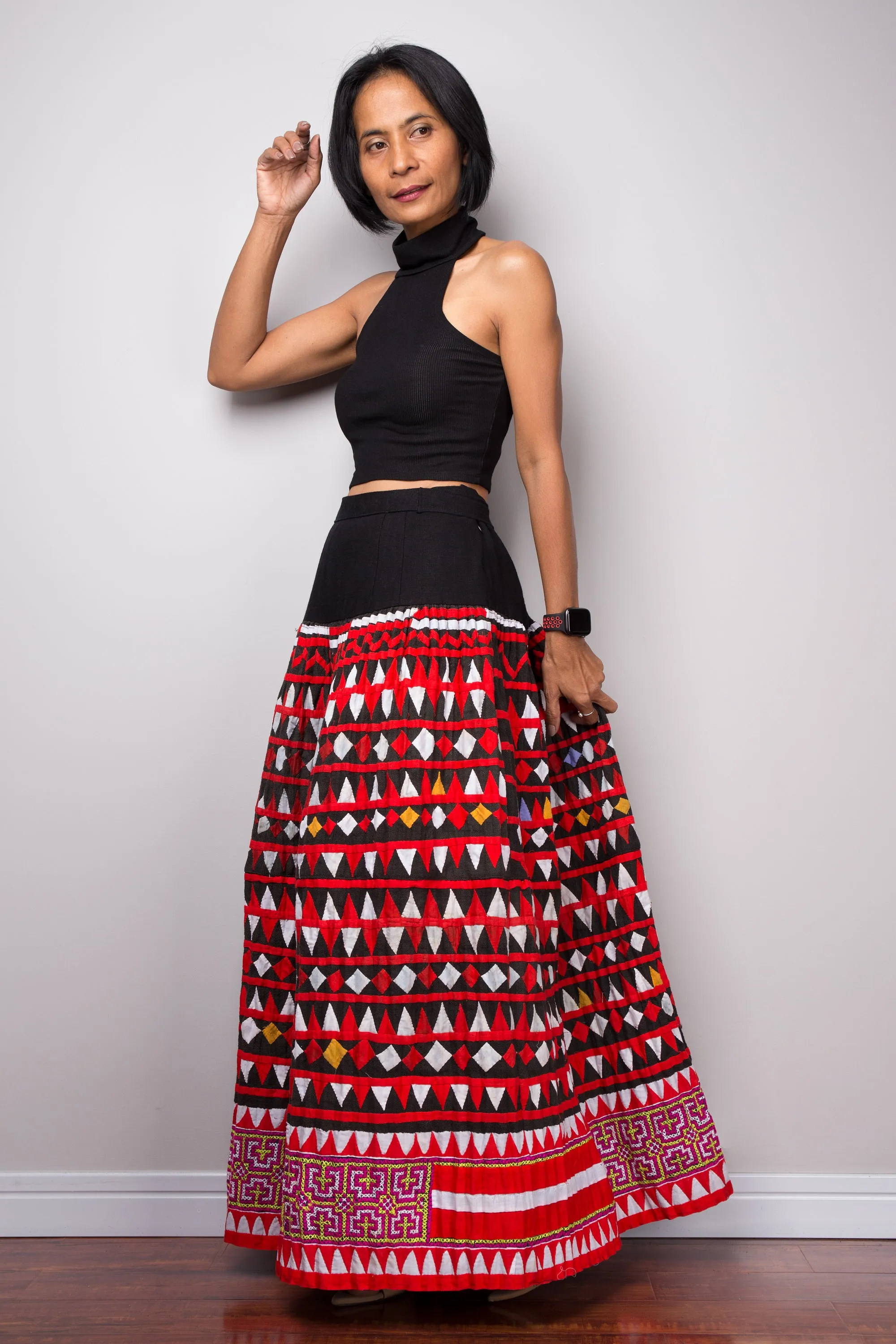 Tribal maxi skirt | Up-cycled vintage Hmong fabric skirt