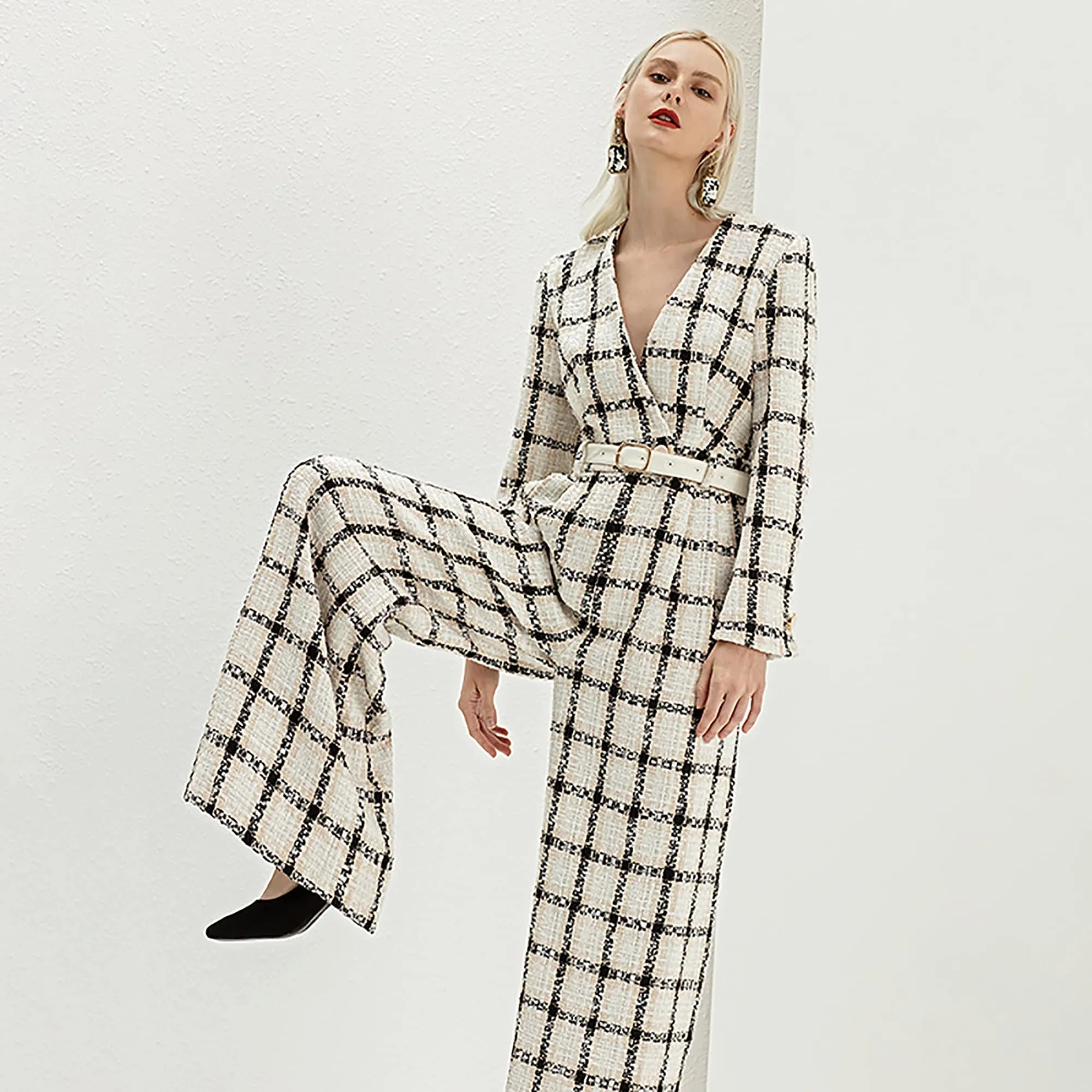 Tweed Plaid V-Neck Belted Wide Leg Jumpsuit