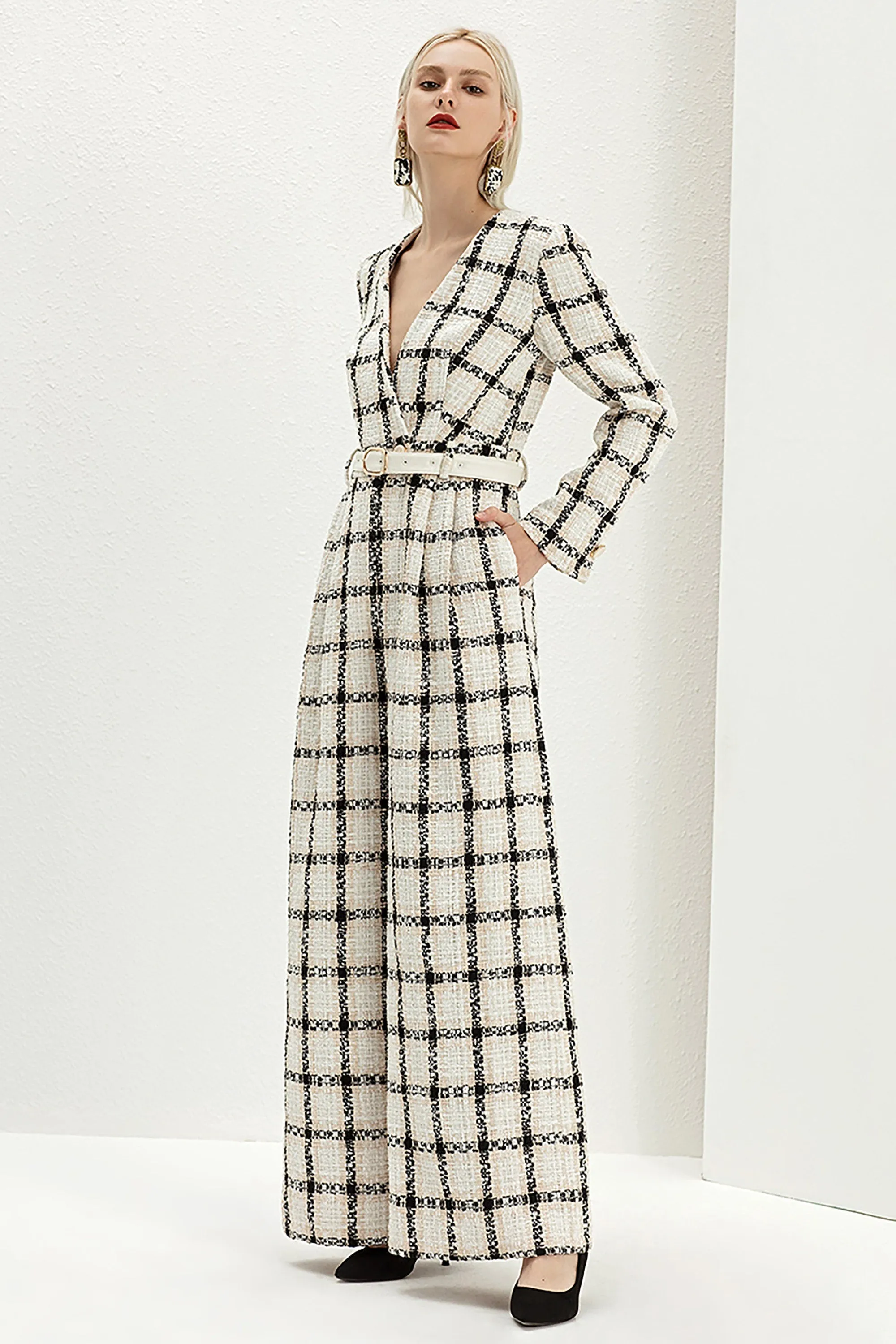 Tweed Plaid V-Neck Belted Wide Leg Jumpsuit