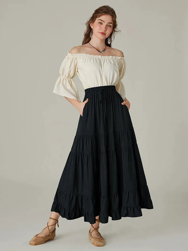 Women Renaissance Swing Skirt Tiered Maxi Pocket Skirt